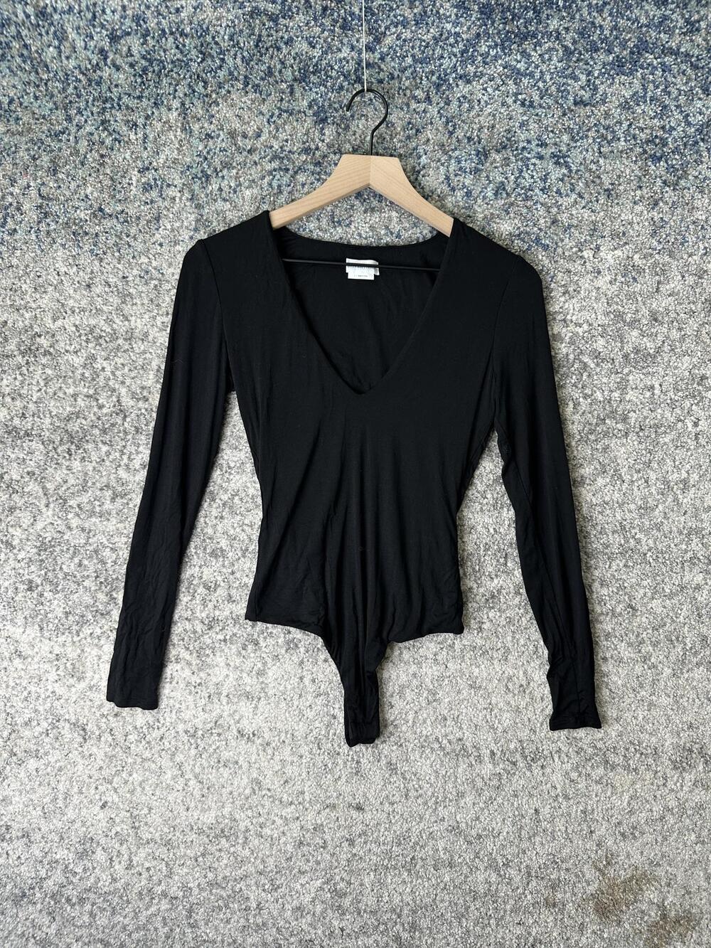 Lovers And Friends Bodysuit Womens Small Black Deep V Neck Long Sleeve Stretch